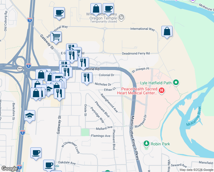 map of restaurants, bars, coffee shops, grocery stores, and more near 544 Ethan Court in Springfield
