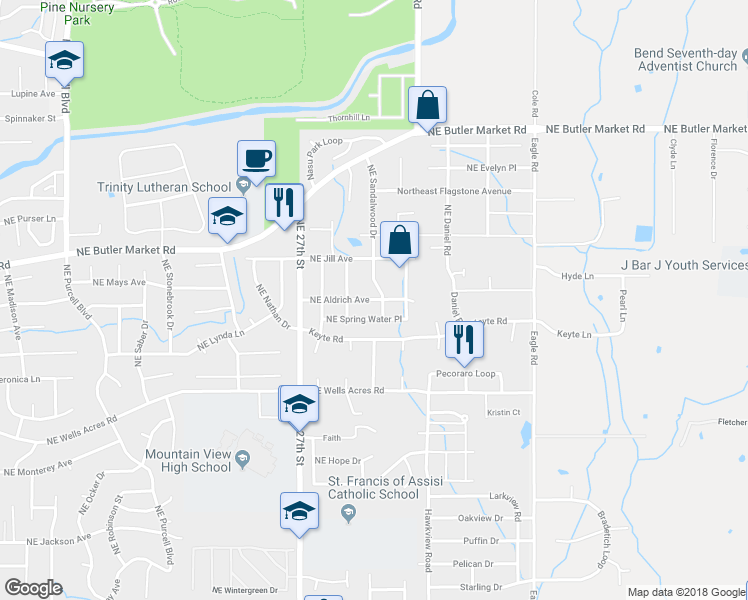 map of restaurants, bars, coffee shops, grocery stores, and more near 2837 Northeast Aldrich Avenue in Bend