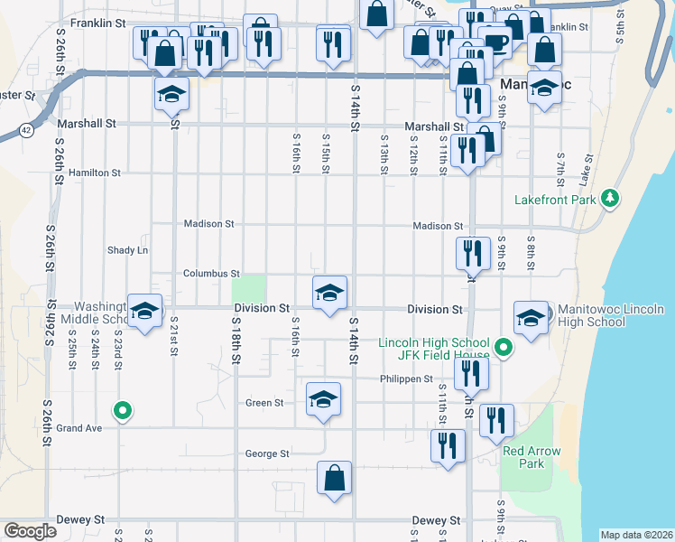 map of restaurants, bars, coffee shops, grocery stores, and more near 1421 Columbus Street in Manitowoc