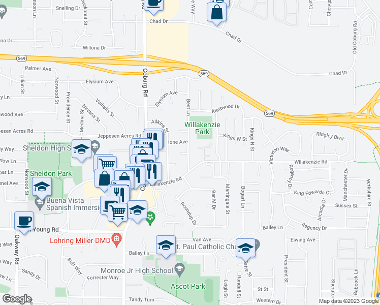 map of restaurants, bars, coffee shops, grocery stores, and more near 1635 Best Lane in Eugene