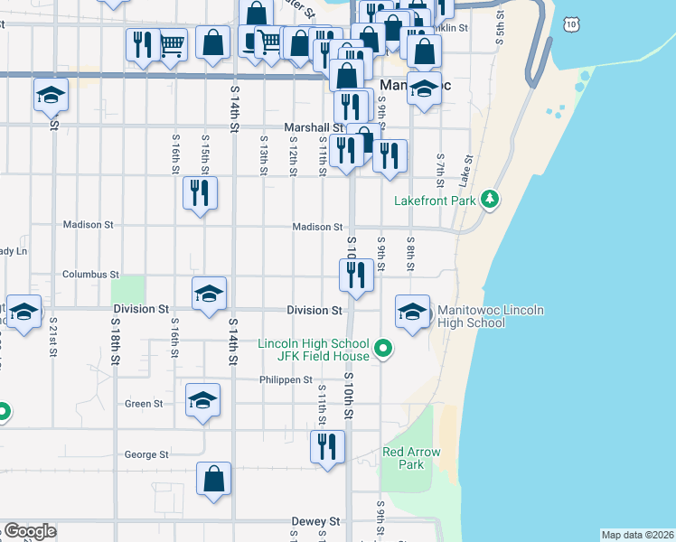 map of restaurants, bars, coffee shops, grocery stores, and more near 1011 Columbus Street in Manitowoc