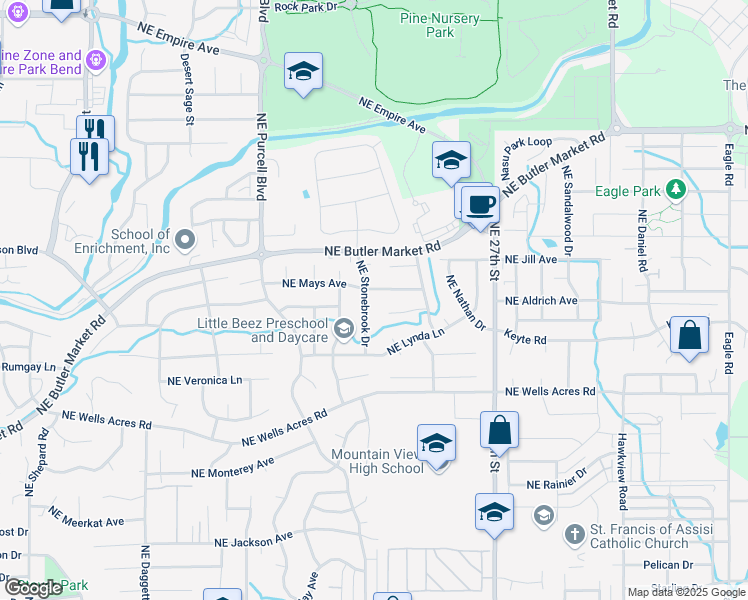 map of restaurants, bars, coffee shops, grocery stores, and more near 3138 Northeast Stonebrook Drive in Bend