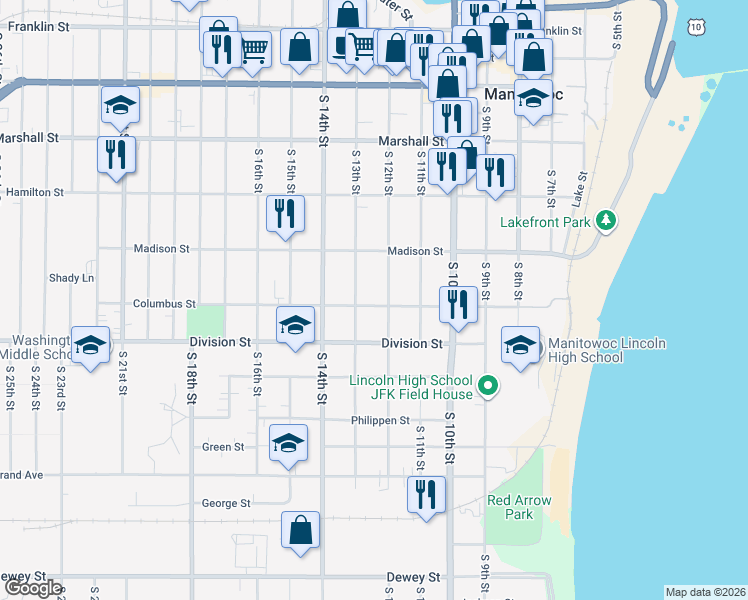map of restaurants, bars, coffee shops, grocery stores, and more near 1219 Columbus Street in Manitowoc