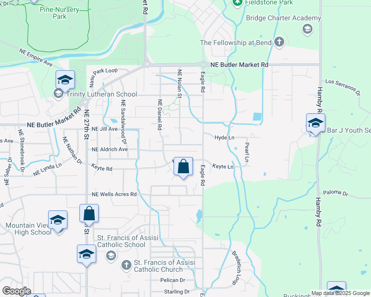 map of restaurants, bars, coffee shops, grocery stores, and more near 21367 Northeast Eagle Crossing Avenue in Bend