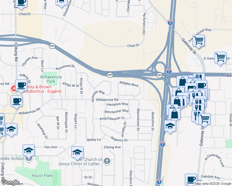 map of restaurants, bars, coffee shops, grocery stores, and more near 1630 Ridgley Boulevard in Eugene