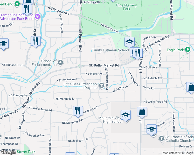 map of restaurants, bars, coffee shops, grocery stores, and more near 3125 Northeast Saber Drive in Bend