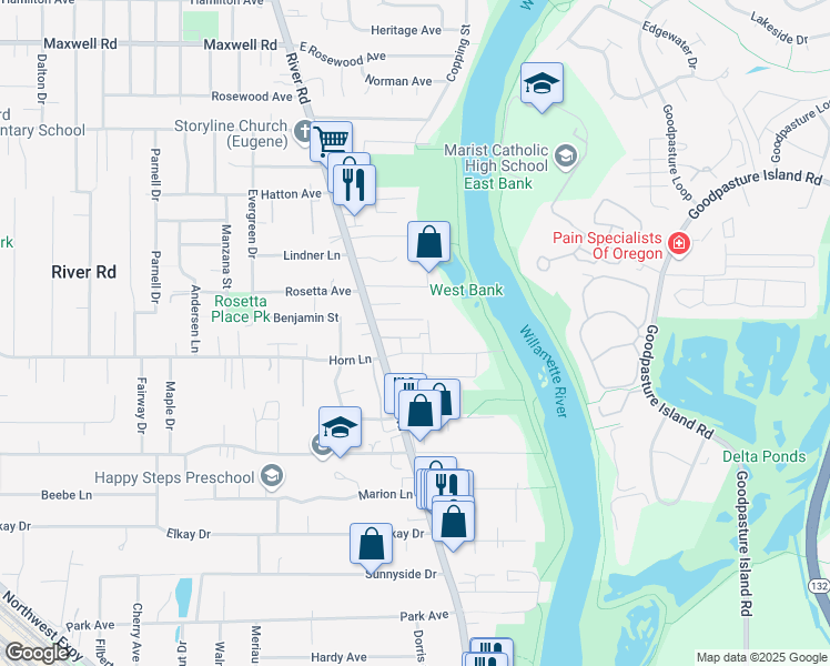 map of restaurants, bars, coffee shops, grocery stores, and more near 99 Arbor Drive in Eugene