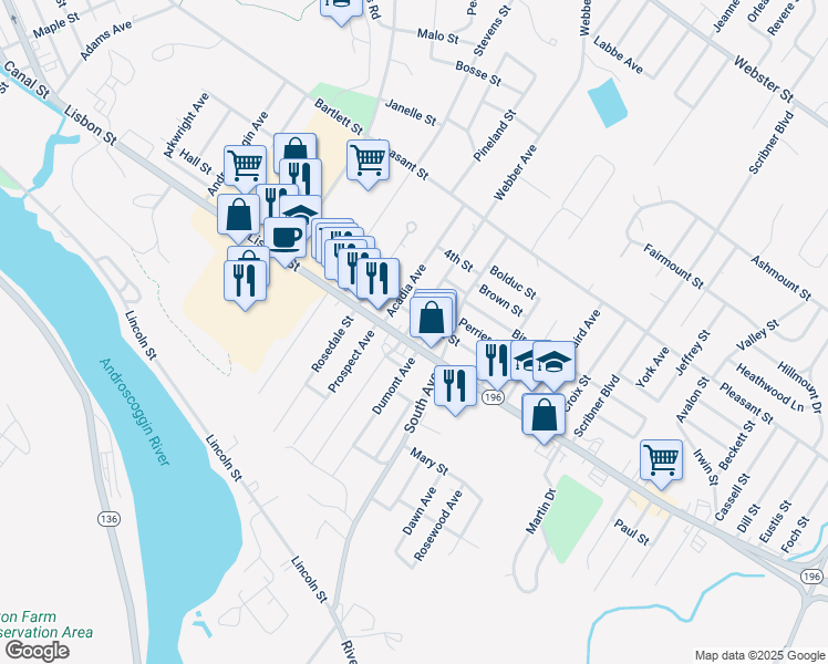 map of restaurants, bars, coffee shops, grocery stores, and more near 965 Maine 196 in Lewiston