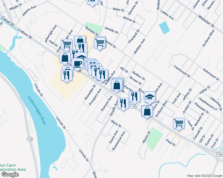 map of restaurants, bars, coffee shops, grocery stores, and more near 965 Maine 196 in Lewiston
