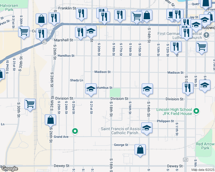 map of restaurants, bars, coffee shops, grocery stores, and more near 1808A Columbus Street in Manitowoc