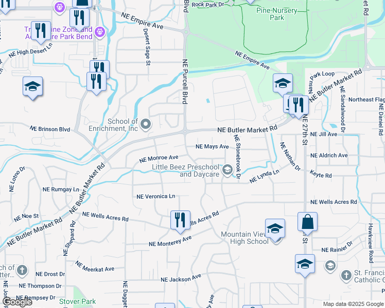 map of restaurants, bars, coffee shops, grocery stores, and more near 3098 Northeast Purcell Boulevard in Bend