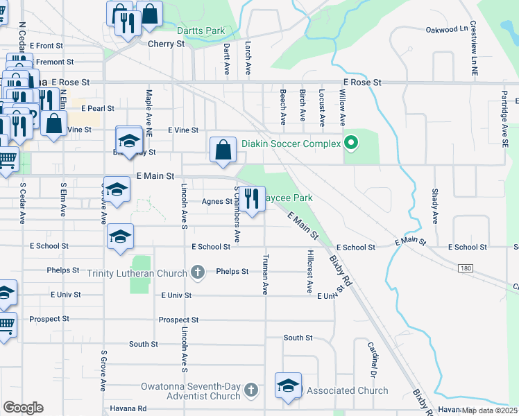 map of restaurants, bars, coffee shops, grocery stores, and more near 633 Agnes Street in Owatonna
