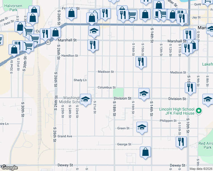 map of restaurants, bars, coffee shops, grocery stores, and more near 1401 South 20th Street in Manitowoc
