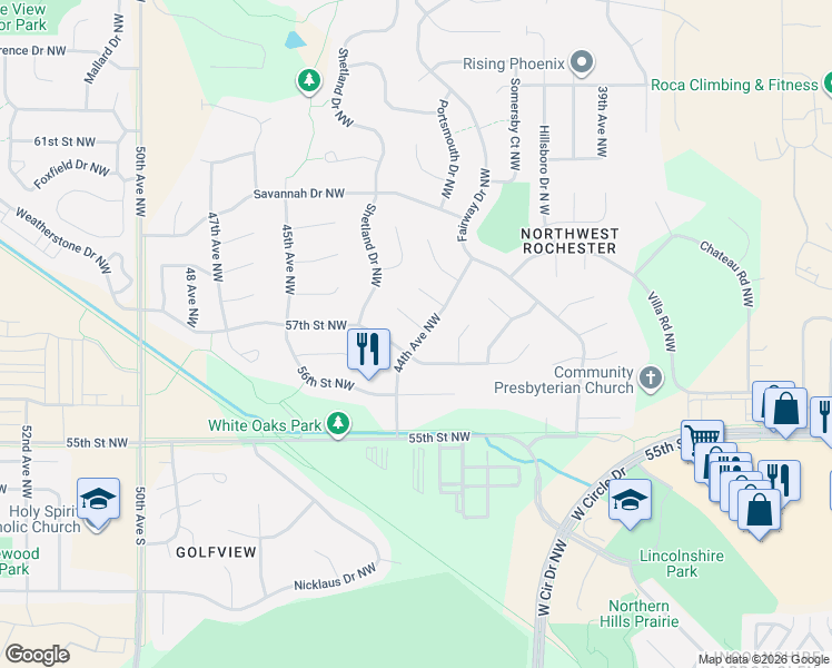 map of restaurants, bars, coffee shops, grocery stores, and more near 5718 44th Avenue Northwest in Rochester