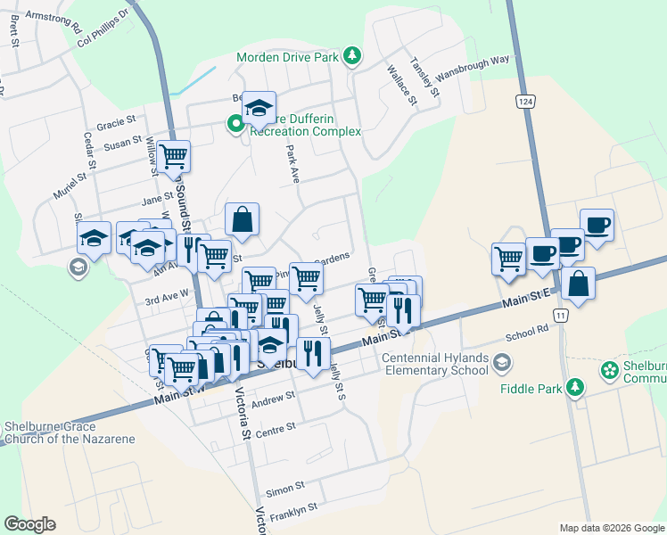 map of restaurants, bars, coffee shops, grocery stores, and more near 414 Pine Grove Avenue in Shelburne