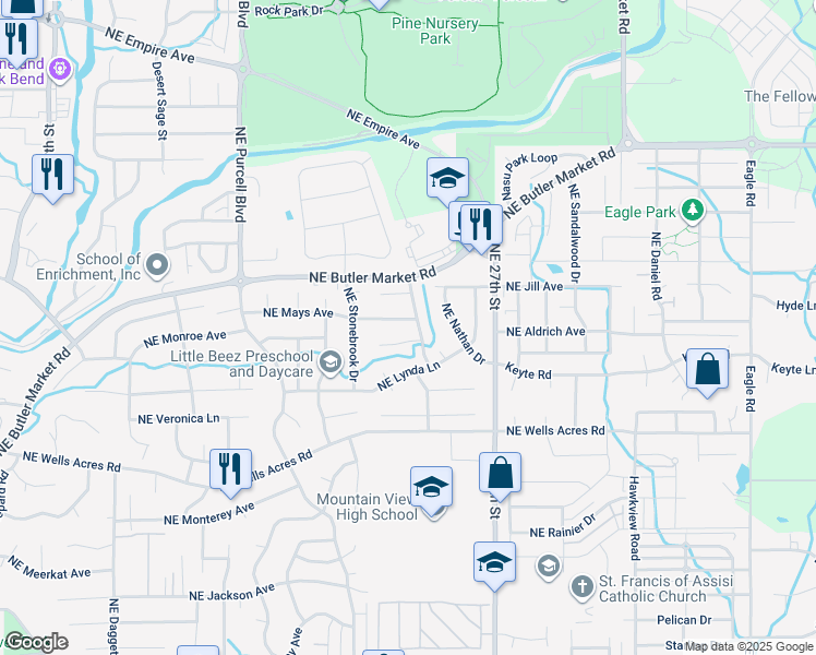 map of restaurants, bars, coffee shops, grocery stores, and more near 2447 Mountain Willow Drive in Bend