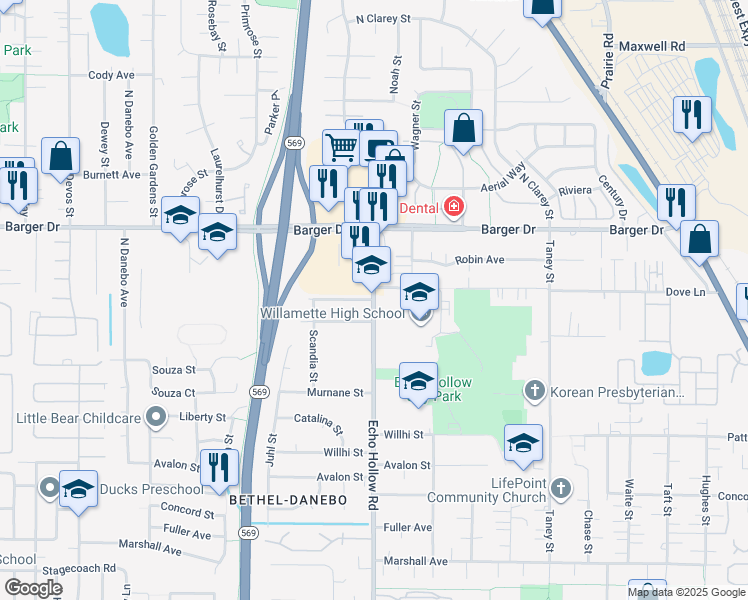 map of restaurants, bars, coffee shops, grocery stores, and more near 1801 Echo Hollow Road in Eugene