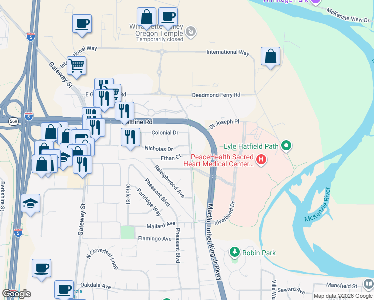 map of restaurants, bars, coffee shops, grocery stores, and more near 3374 Game Farm Road in Springfield