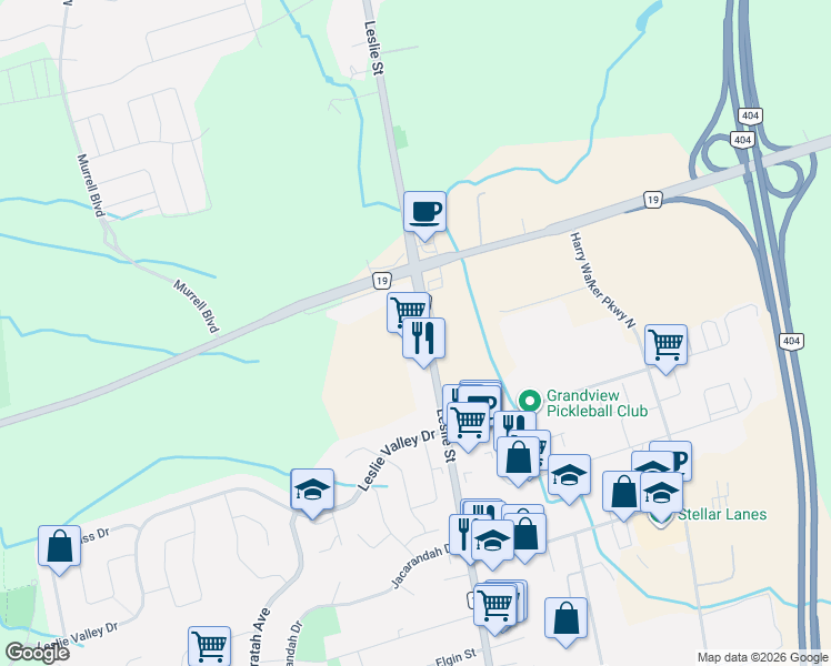map of restaurants, bars, coffee shops, grocery stores, and more near 18200 Leslie Street in East Gwillimbury