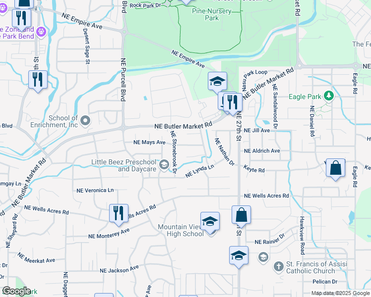 map of restaurants, bars, coffee shops, grocery stores, and more near 3138 Northeast Stonebrook Drive in Bend