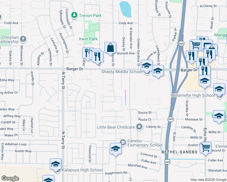 map of restaurants, bars, coffee shops, grocery stores, and more near 1424 Candlelight Drive in Eugene