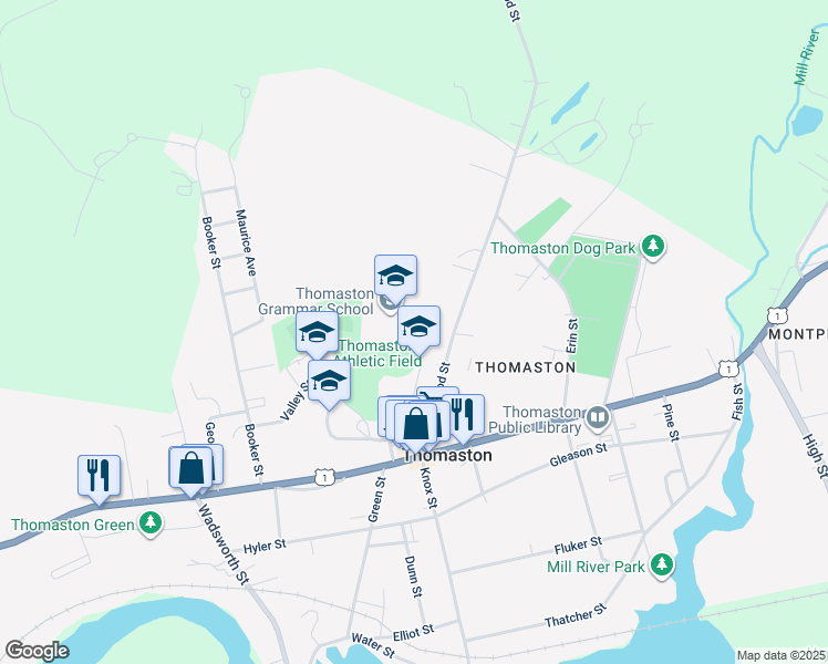 map of restaurants, bars, coffee shops, grocery stores, and more near Thomaston Street in Thomaston
