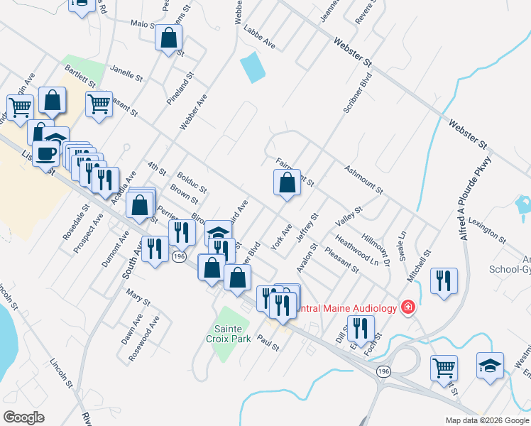 map of restaurants, bars, coffee shops, grocery stores, and more near 95 Scribner Boulevard in Lewiston