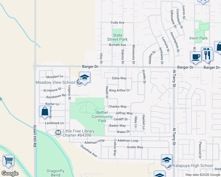 map of restaurants, bars, coffee shops, grocery stores, and more near 5571 KIng Arthur Court in Eugene