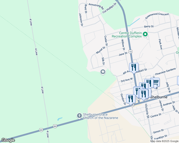 map of restaurants, bars, coffee shops, grocery stores, and more near 233 Silk Drive in Shelburne