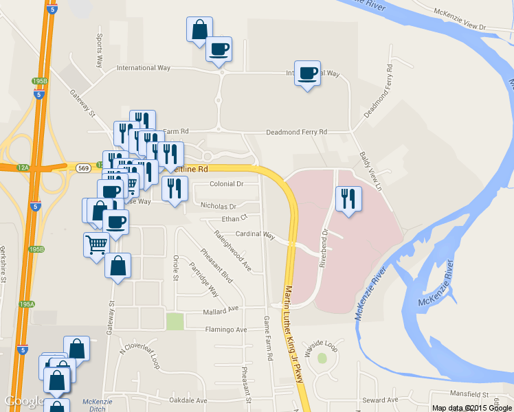 map of restaurants, bars, coffee shops, grocery stores, and more near 3374 Game Farm Road in Springfield