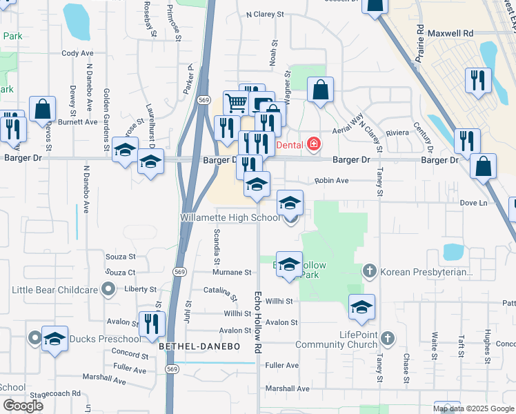 map of restaurants, bars, coffee shops, grocery stores, and more near 4200 Dove Lane in Eugene
