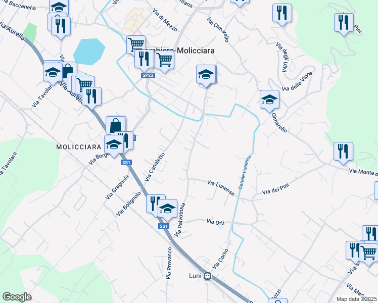 map of restaurants, bars, coffee shops, grocery stores, and more near 61 Via Palvotrisia in Colombiera-Molicciara