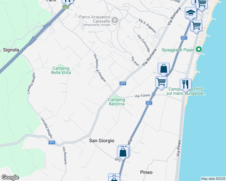 map of restaurants, bars, coffee shops, grocery stores, and more near Strada Provinciale 3 in Ceriale