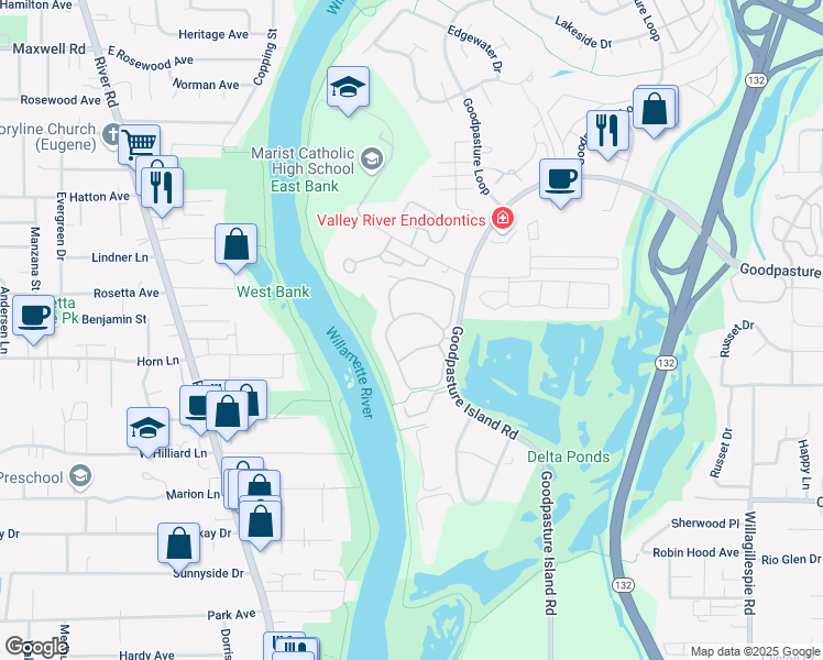 map of restaurants, bars, coffee shops, grocery stores, and more near 655 Goodpasture Island Road in Eugene