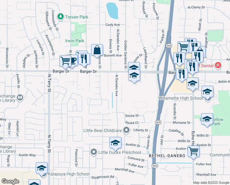map of restaurants, bars, coffee shops, grocery stores, and more near 1856 North Danebo Avenue in Eugene