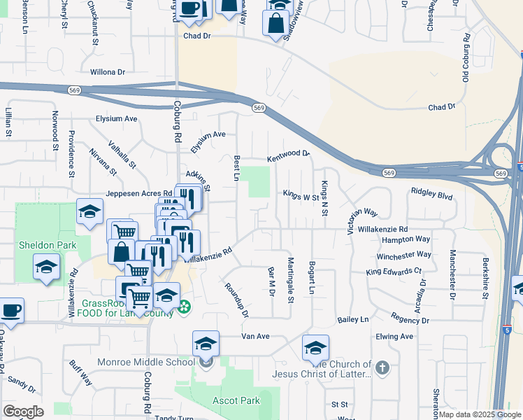 map of restaurants, bars, coffee shops, grocery stores, and more near 3055 Willakenzie Road in Eugene