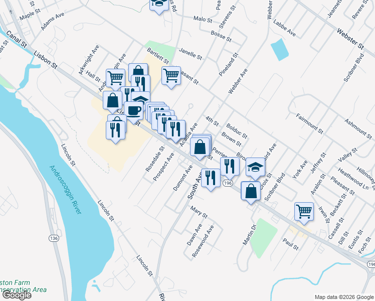 map of restaurants, bars, coffee shops, grocery stores, and more near 965 Maine 196 in Lewiston