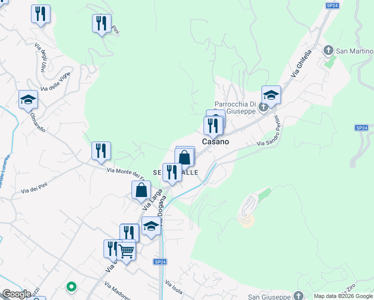 map of restaurants, bars, coffee shops, grocery stores, and more near 41 Via Serravalle in Casano