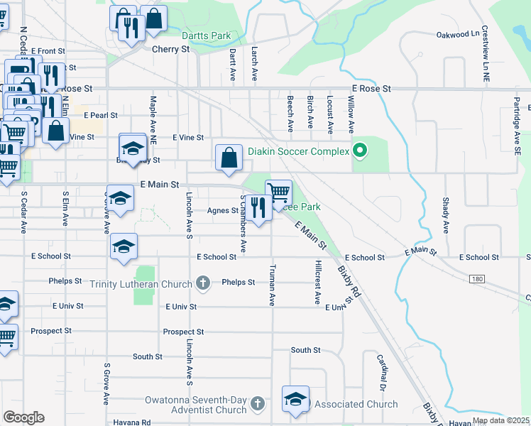 map of restaurants, bars, coffee shops, grocery stores, and more near 633 Agnes Street in Owatonna