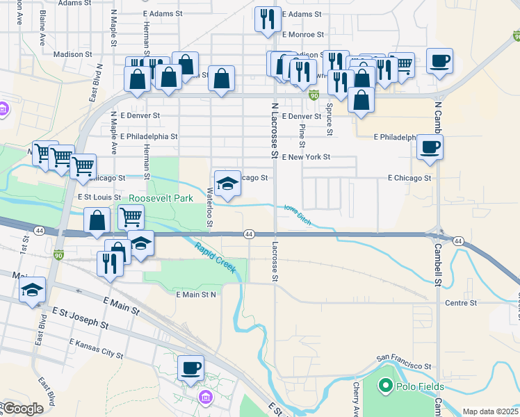 map of restaurants, bars, coffee shops, grocery stores, and more near 28 Racine Street in Rapid City