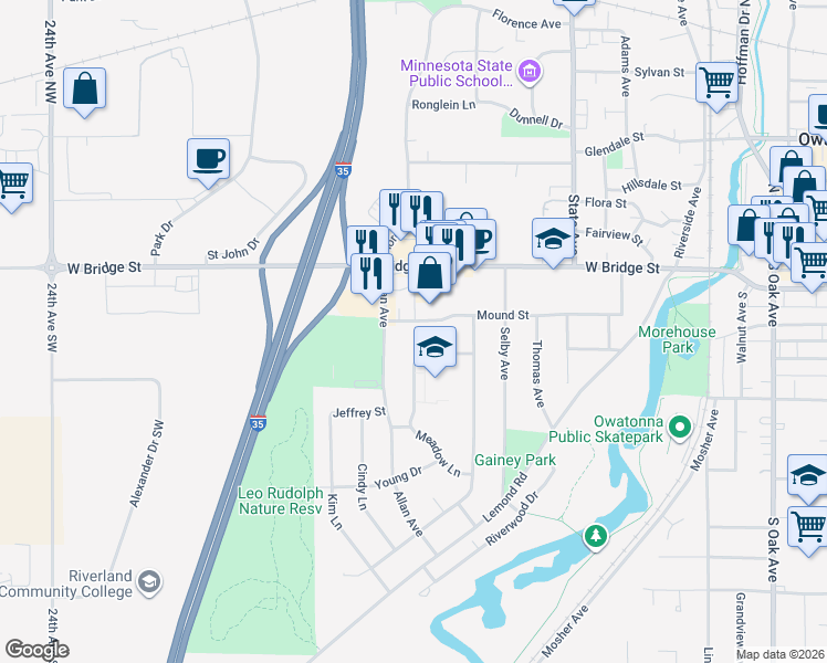 map of restaurants, bars, coffee shops, grocery stores, and more near 308 Meadow Lane in Owatonna