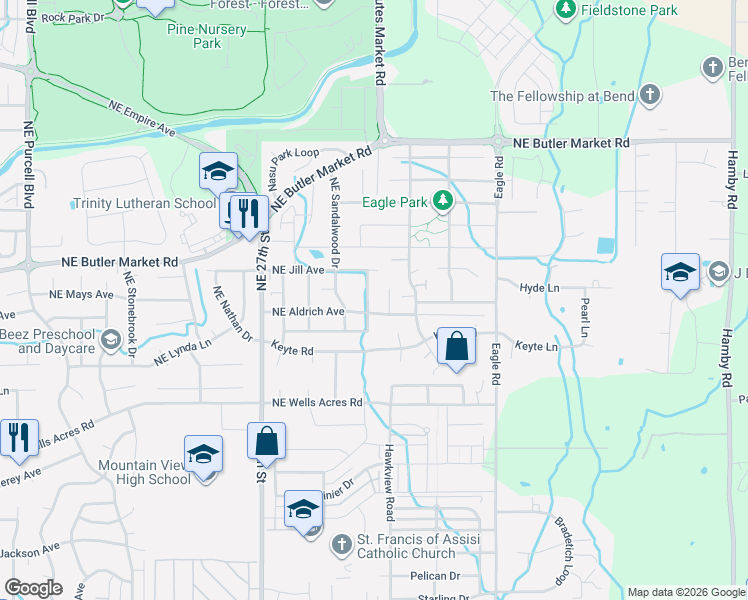map of restaurants, bars, coffee shops, grocery stores, and more near 62843 Cephus Court in Bend