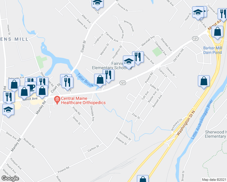 map of restaurants, bars, coffee shops, grocery stores, and more near 520 Minot Avenue in Auburn