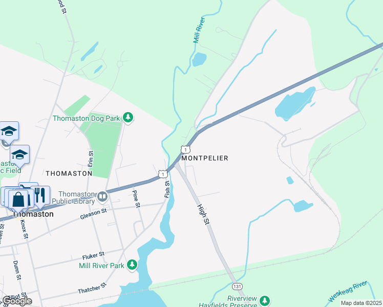 map of restaurants, bars, coffee shops, grocery stores, and more near 30 High Street in Thomaston