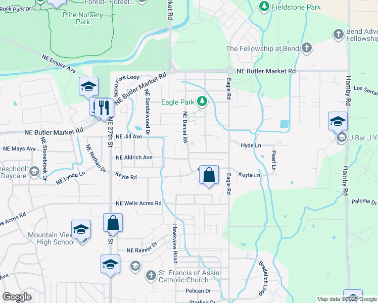 map of restaurants, bars, coffee shops, grocery stores, and more near 21331 Northeast Eagle Crossing Avenue in Bend