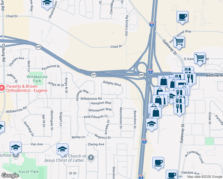 map of restaurants, bars, coffee shops, grocery stores, and more near 3440 Hathaway Avenue in Eugene