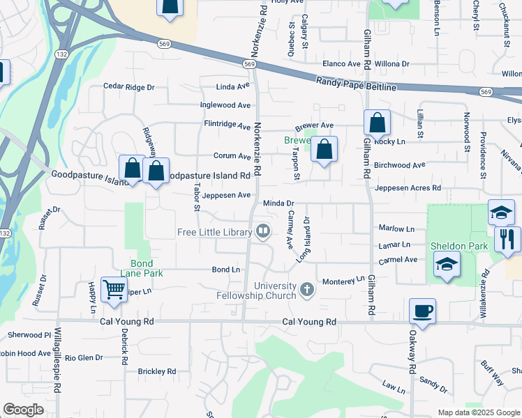 map of restaurants, bars, coffee shops, grocery stores, and more near 1732 Norkenzie Road in Eugene