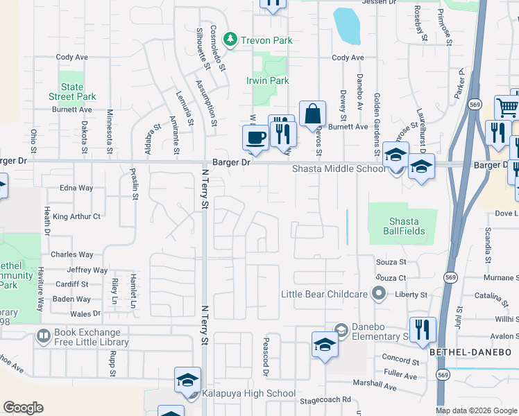 map of restaurants, bars, coffee shops, grocery stores, and more near 1699 North Terry Street in Eugene