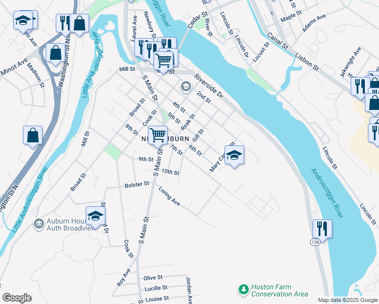 map of restaurants, bars, coffee shops, grocery stores, and more near 153 7th Street in Auburn
