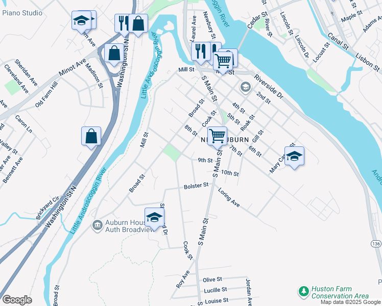 map of restaurants, bars, coffee shops, grocery stores, and more near 5 Patton Street in Auburn